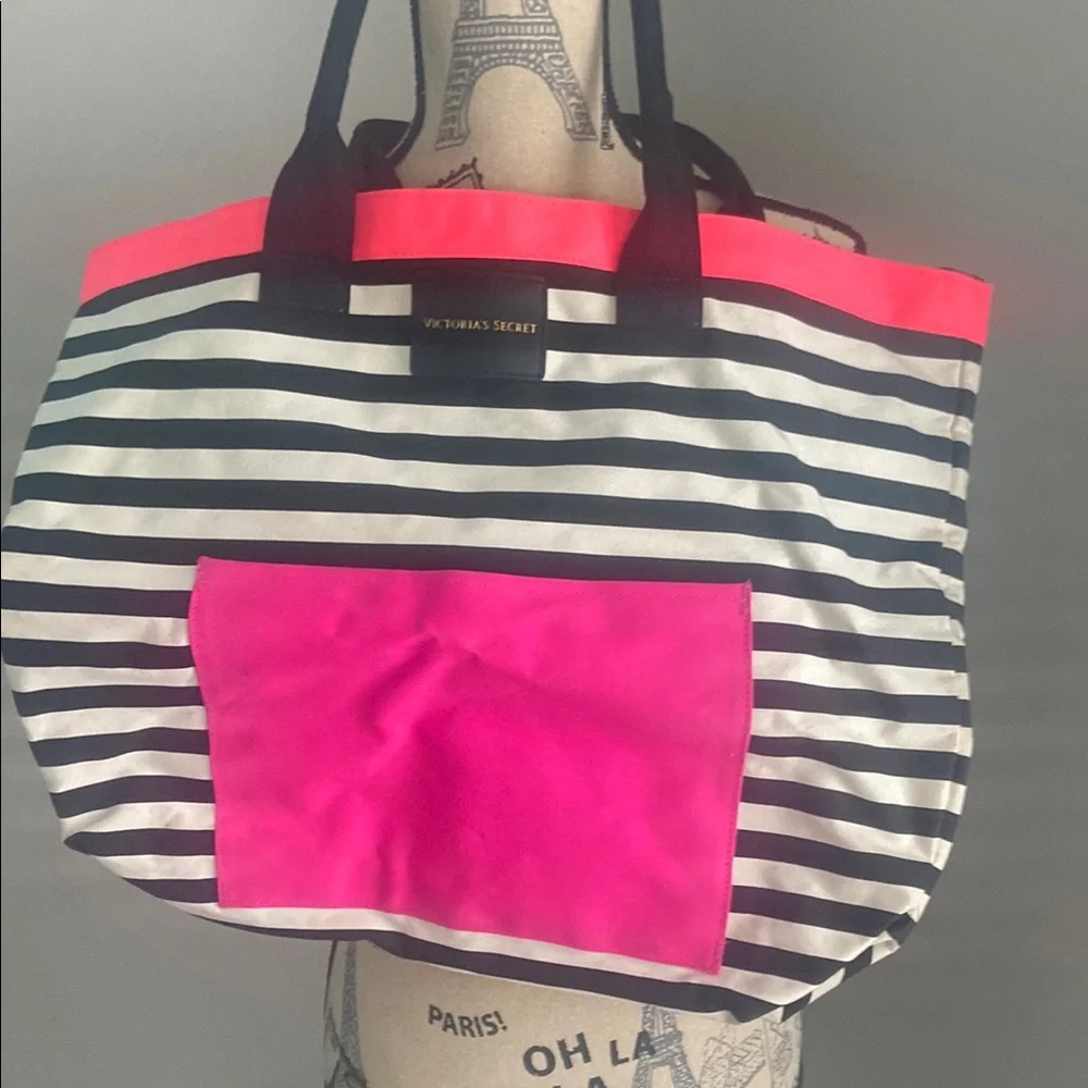 Victoria's Secret Black and Pink Striped Tote Bag